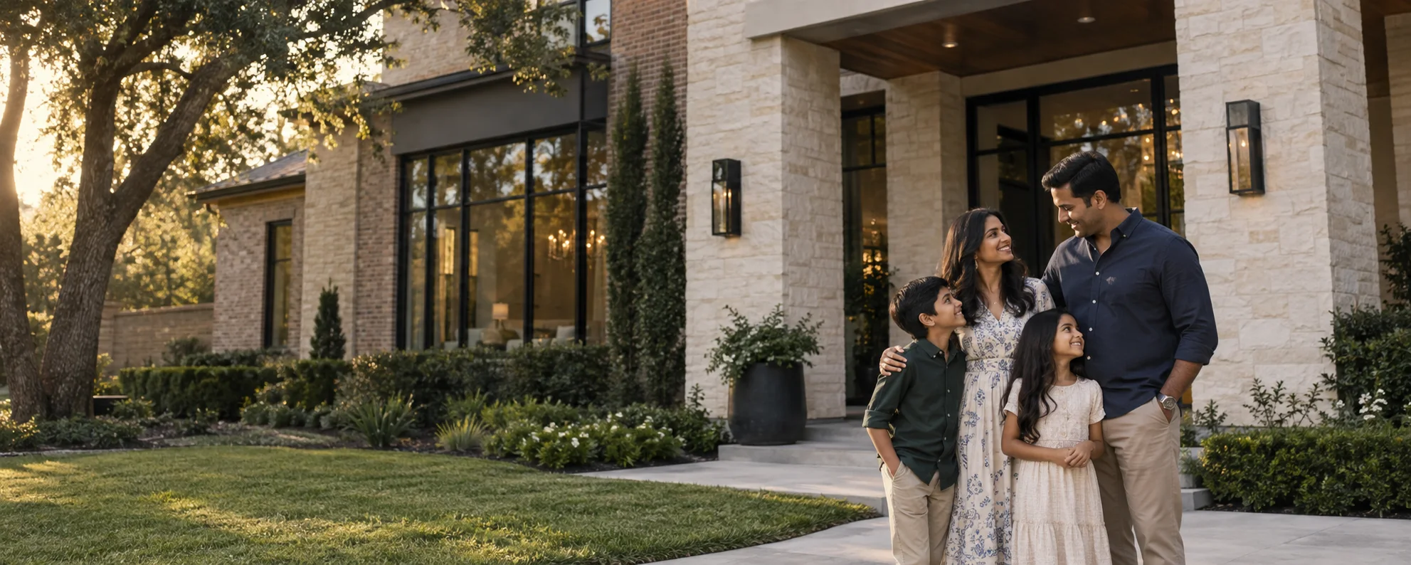 An Indian American family outside their contemporary custom home in Houston